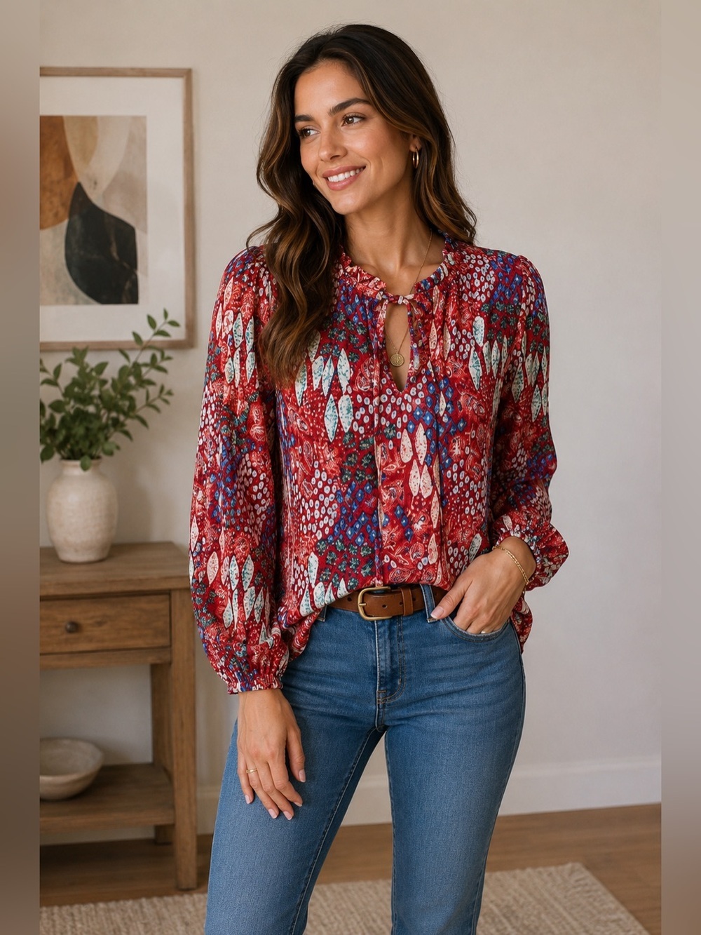 LOFT Red and Blue Patterned Blouse